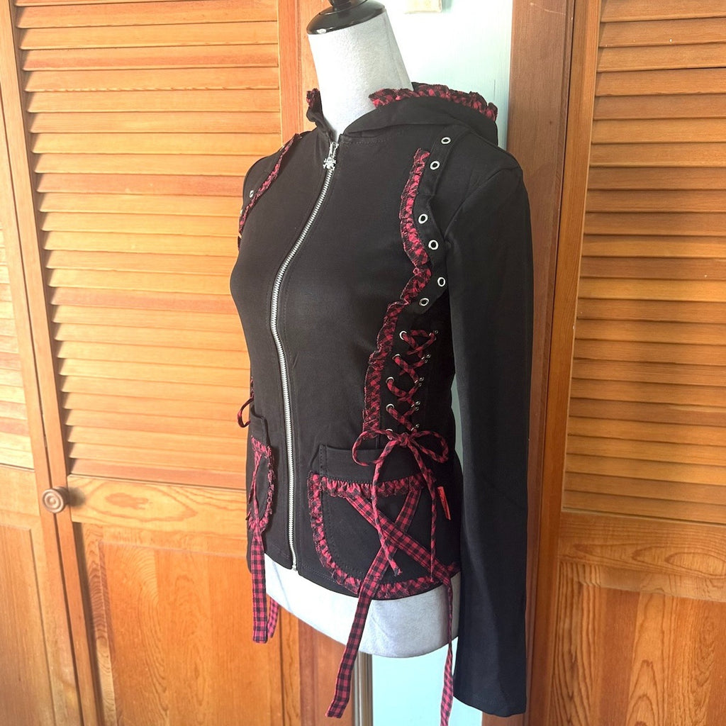 Tripp NYC Gothic Lolita Punk Black & Red Plaid Accents Lace-Up Sides Hoodie