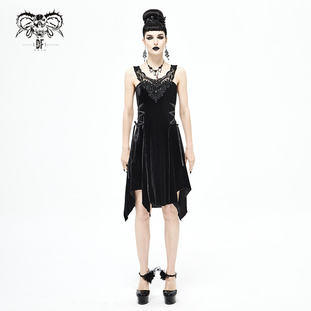 Devil Fashion Gothic Victorian Dark Fairy Beaded Lace-Up Sides Mini Dress