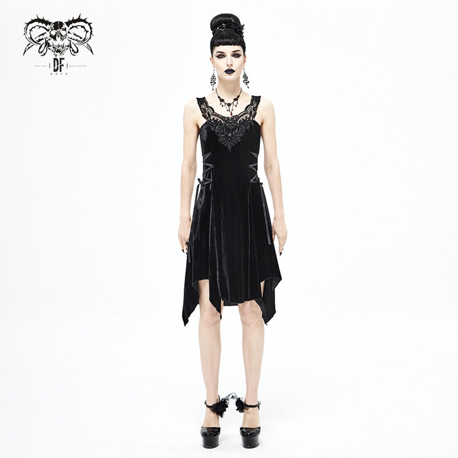 Devil Fashion Gothic Victorian Dark Fairy Beaded Lace-Up Sides Mini Dress