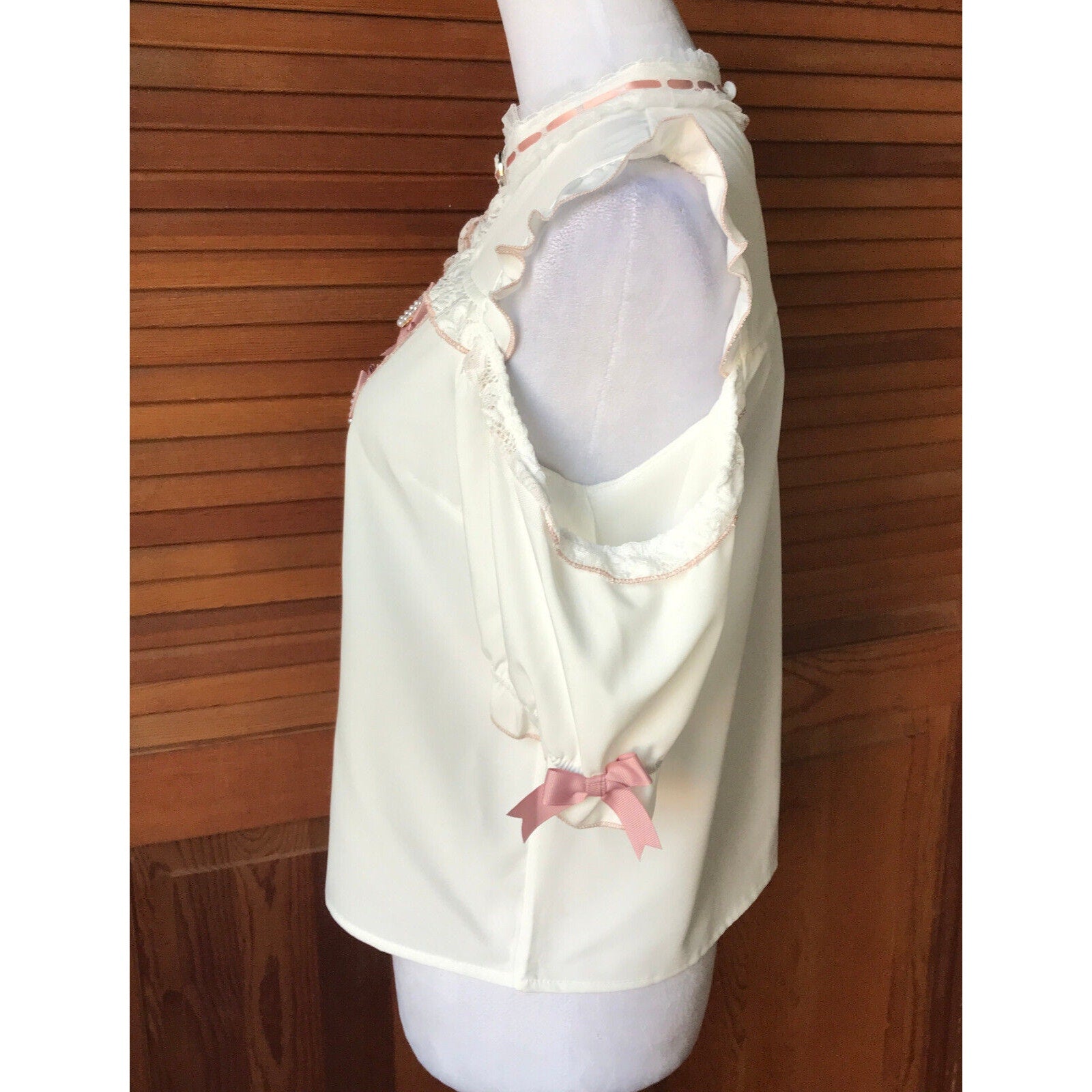 Lolita Kawaii J-fashion Jirai White Ivory Pink Bows Open Shoulder Blouse Top L