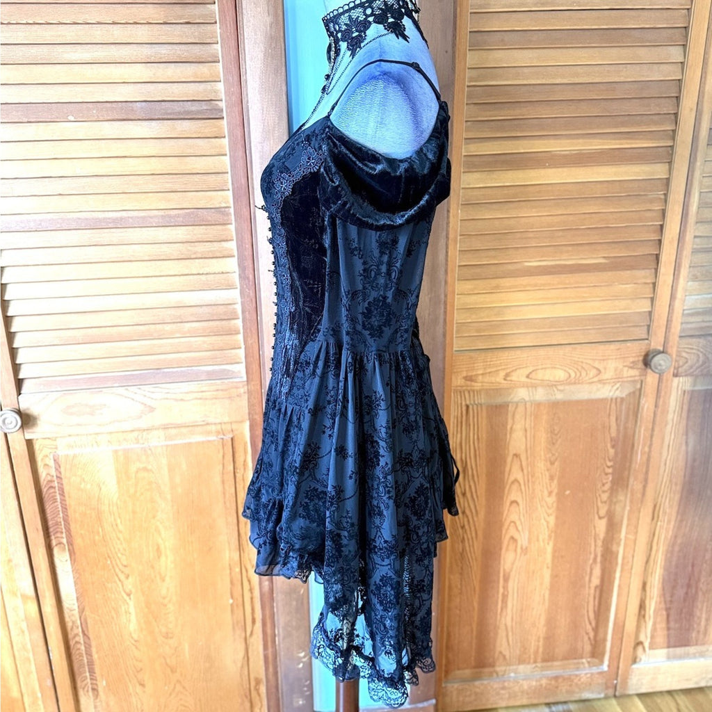 Dark In Love Gothic Victorian Dark Fairycore Black Rose Fairy Lace Mini Dress S