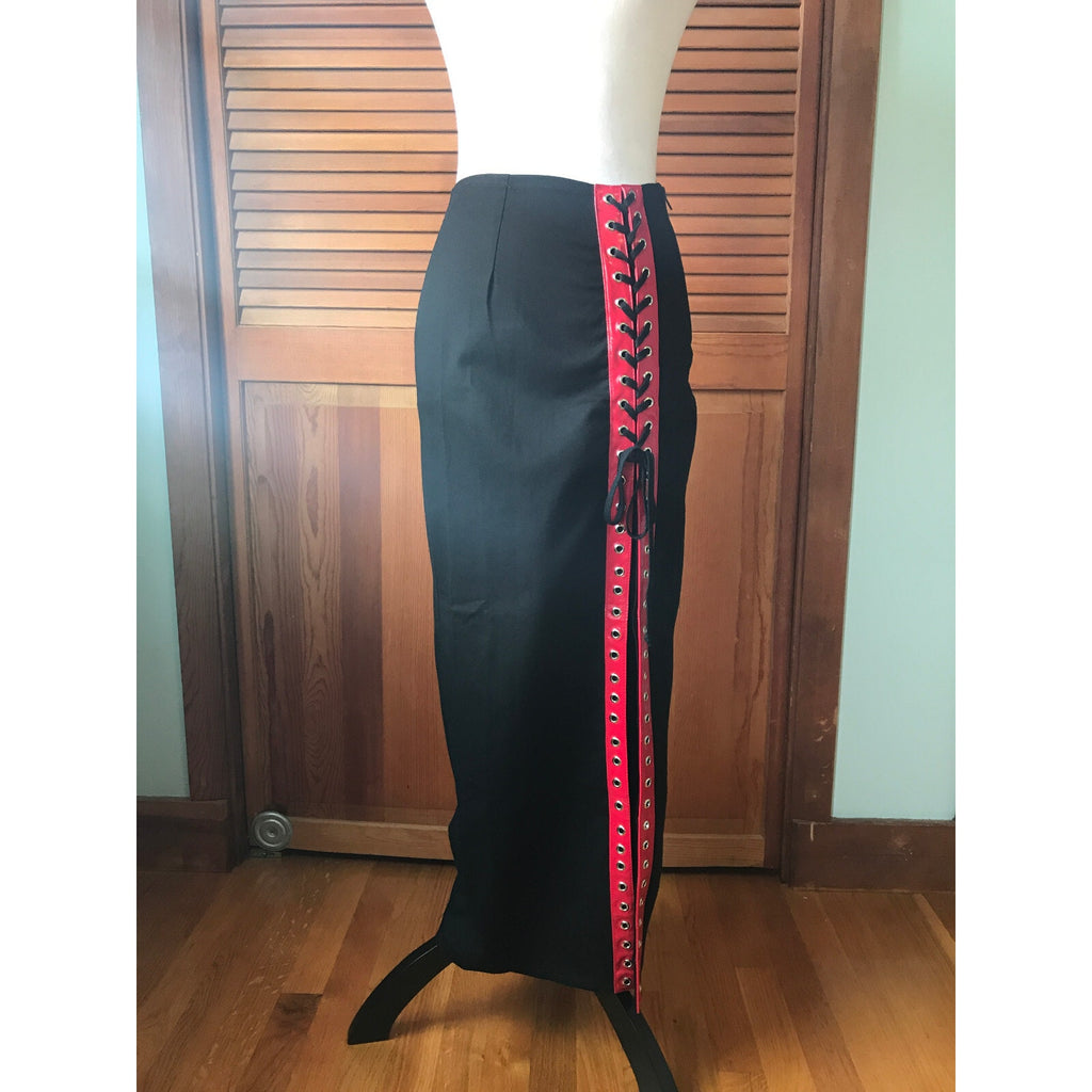 Phaze UK Punk Goth Black Cotton Red Vinyl Lacing Long Skirt