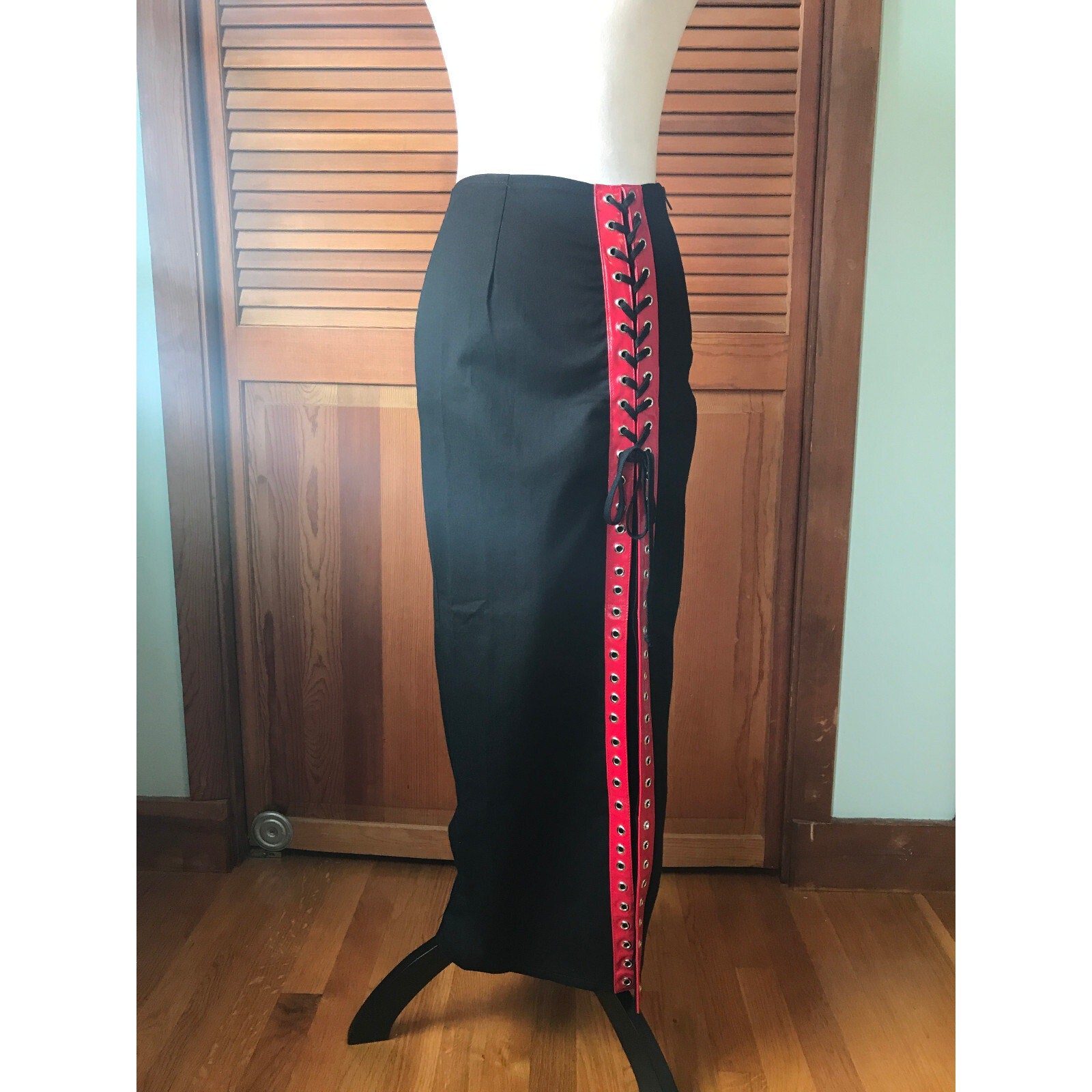 Phaze UK Punk Goth Black Cotton Red Vinyl Lacing Long Skirt