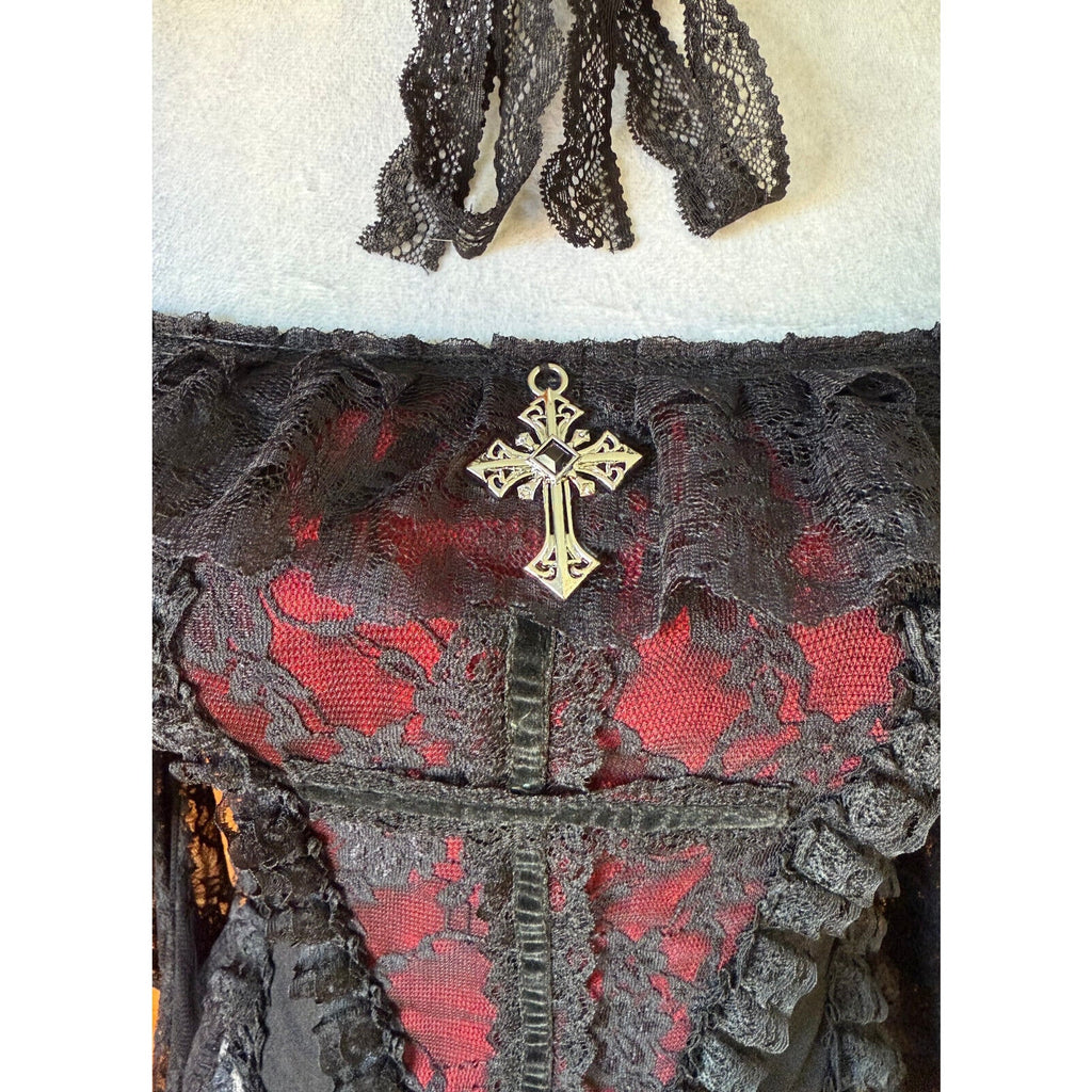 Gothic Victorian Vampire Cross Black & Red Lace Trim Long Sleeve Top