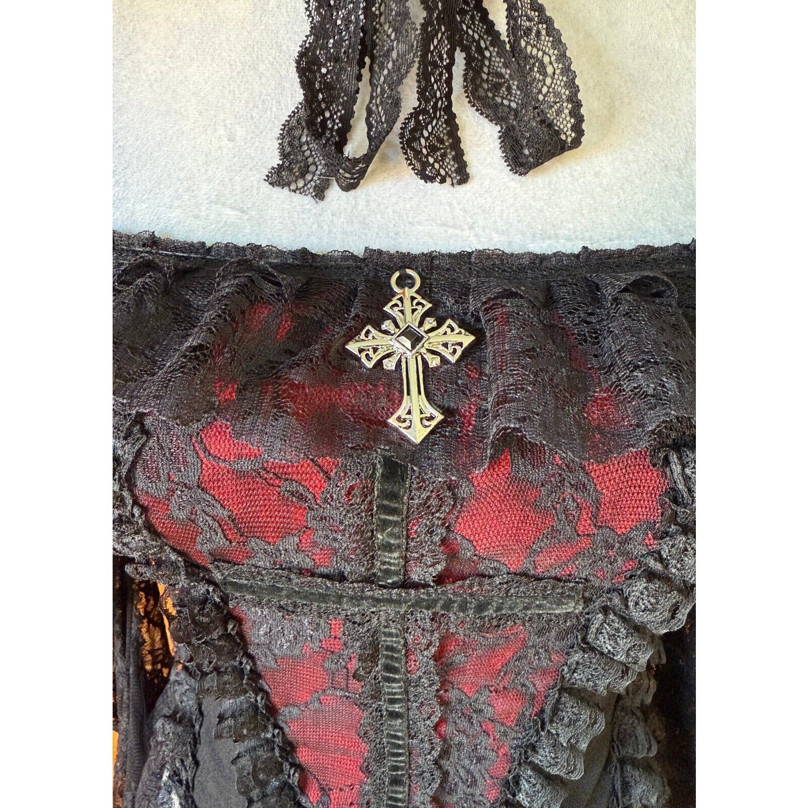 Gothic Victorian Vampire Cross Black & Red Lace Trim Long Sleeve Top