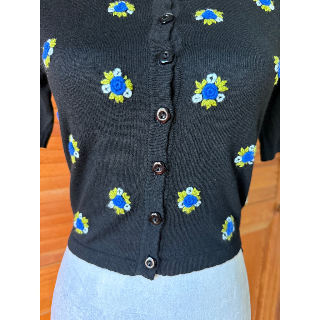 Dolls Kill Gothic Lolita EGL Kawaii Blue Flower Embroidery Black Cropped Top S