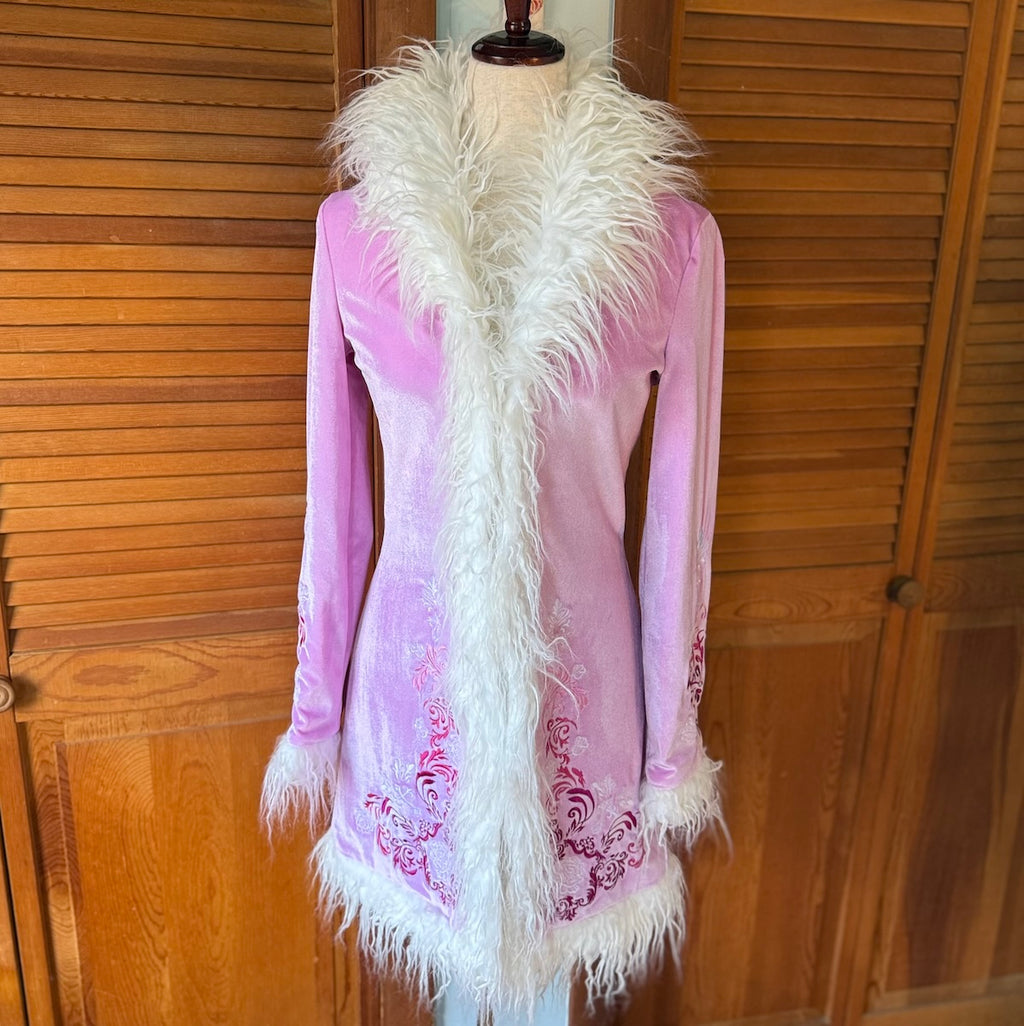 Dolls Kill Whimsigoth Victorian Dollcore Embroidered Pink Faux Fur Trim Jacket