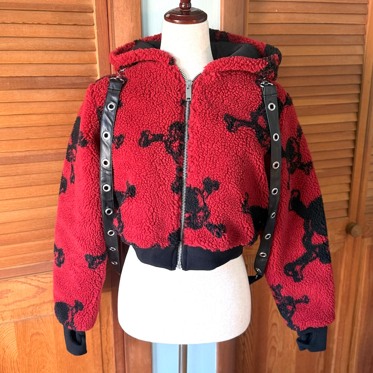 Dolls Kill Punk Goth Y2K Red Faux Fur Black Skull Bondage Strap Jacket