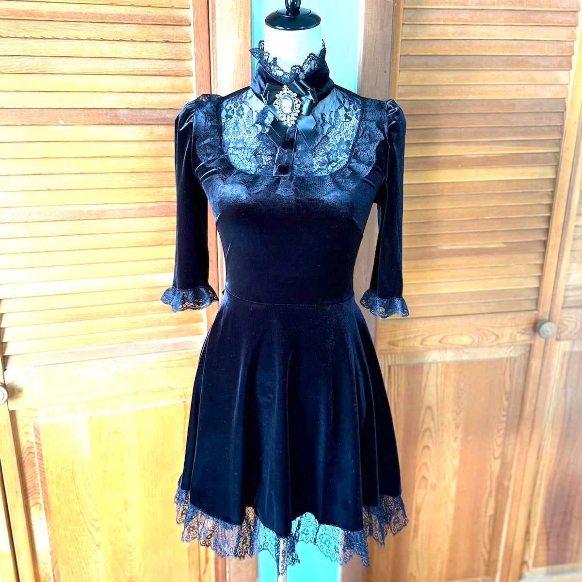 Dolls Kill Ladyhawke Black Velvet High Neck Cameo Dress