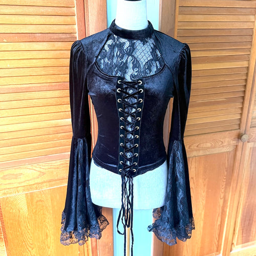 Dark in Love Victorian Vkei Velvet & Lace Belle Sleeve Lace-Up Front Top