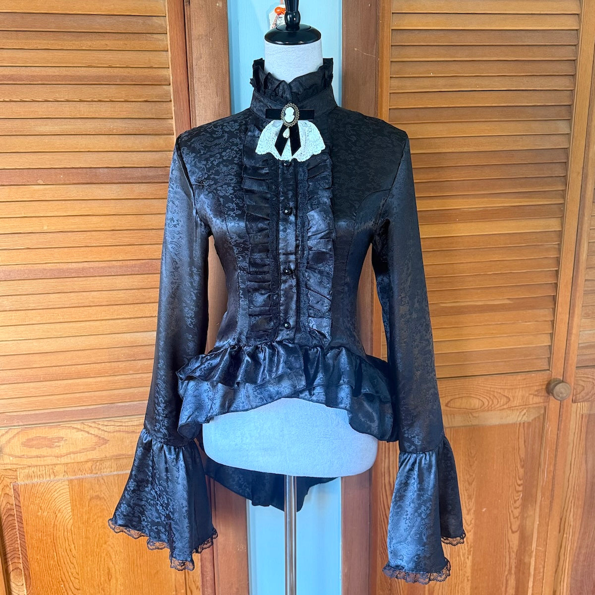 Gothic Victorian Aristocrat Visual Kei Black Brocade Small Jabot Ruffle Shirt