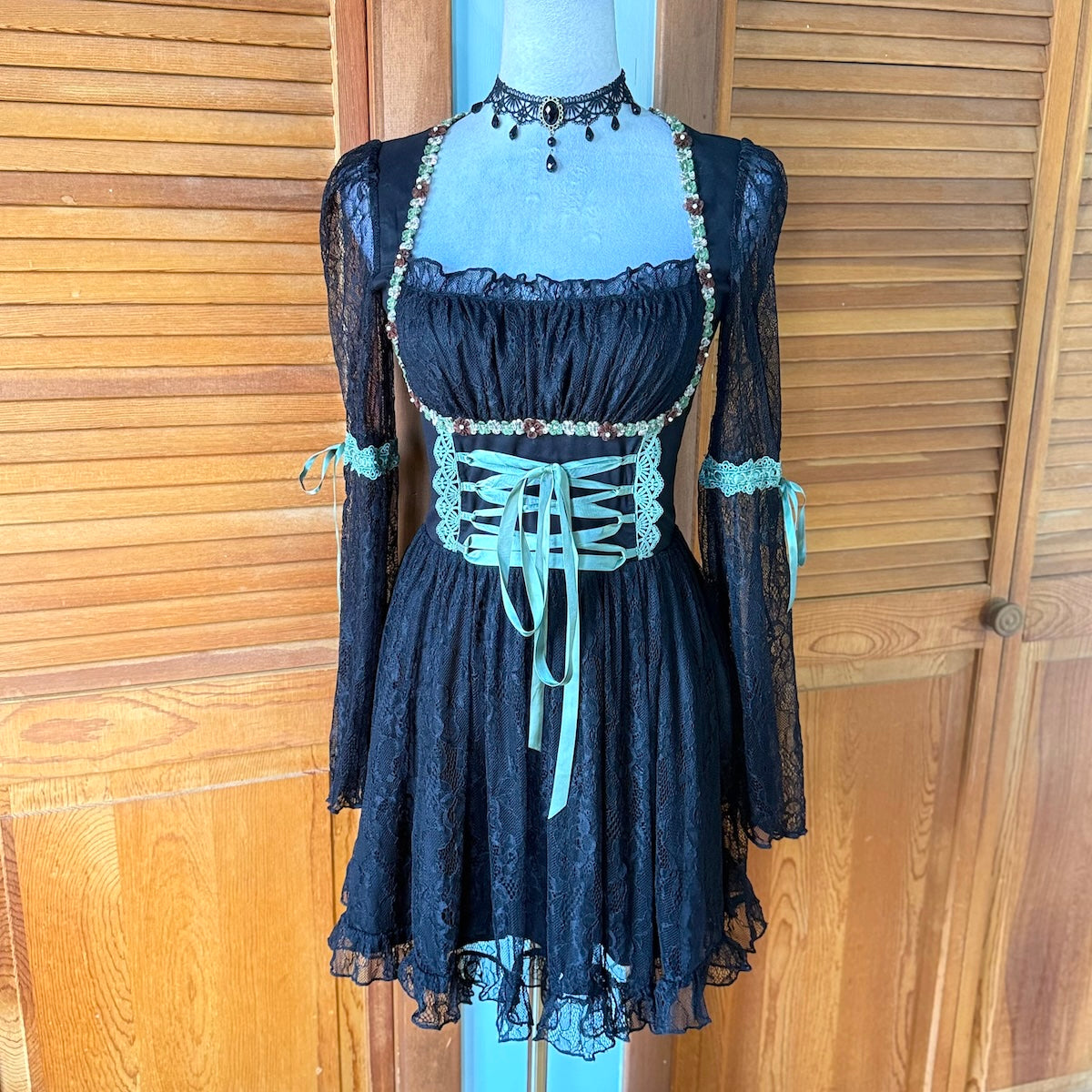 Gothic Fairy Dolls Kill Black Lace Green Lace Up Panel Dress