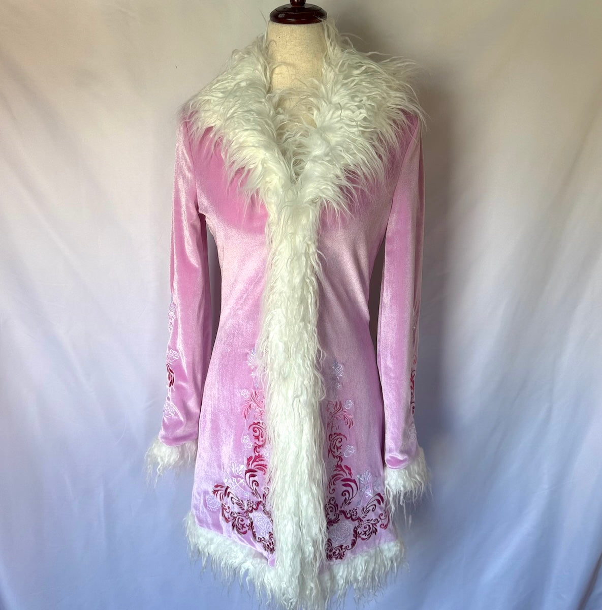 Dolls Kill Whimsigoth Victorian Dollcore Embroidered Pink Faux Fur Trim Jacket