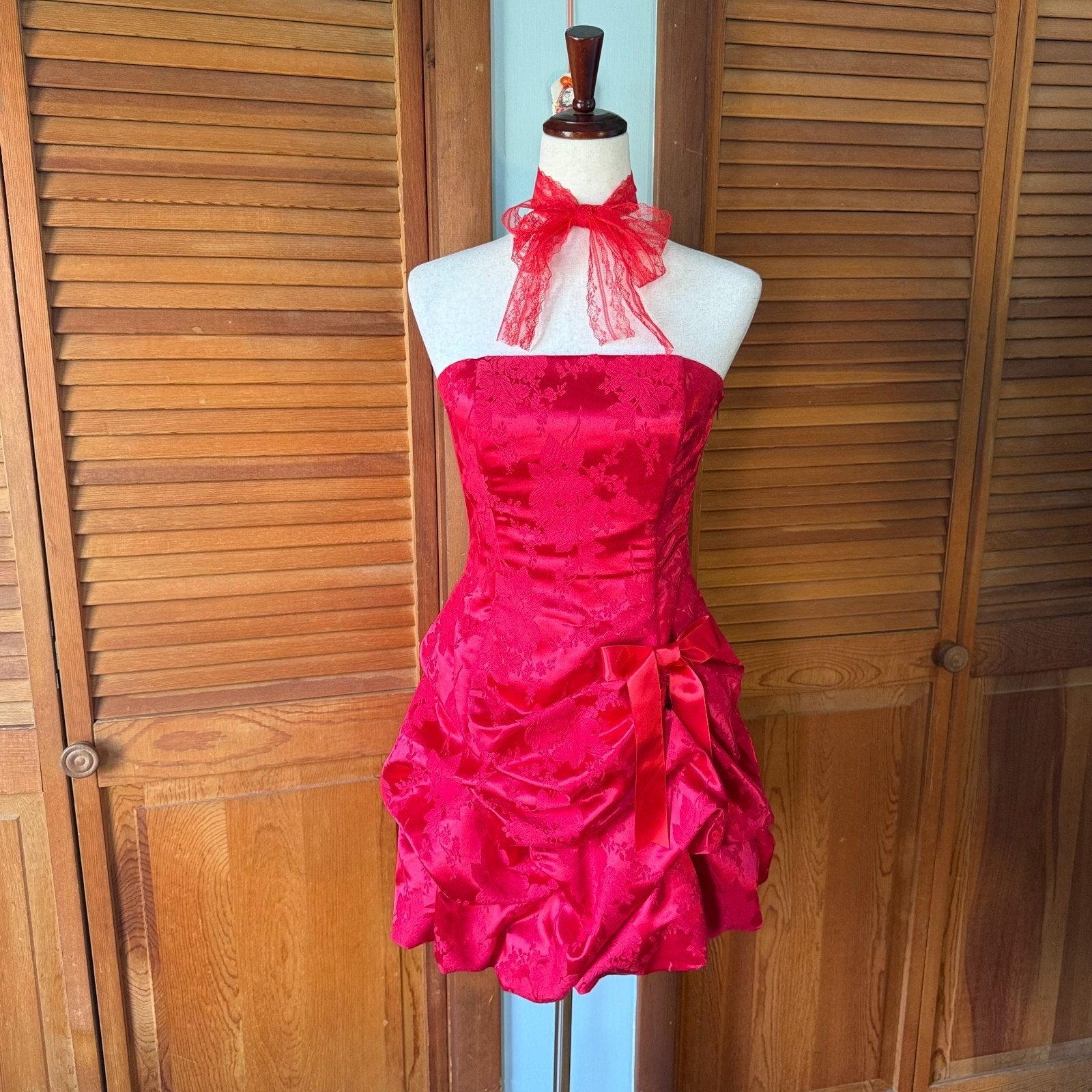 Vintage Burlesque Jessica McClintock Red Brocade Bow Party Cocktail Dress 7 S-M