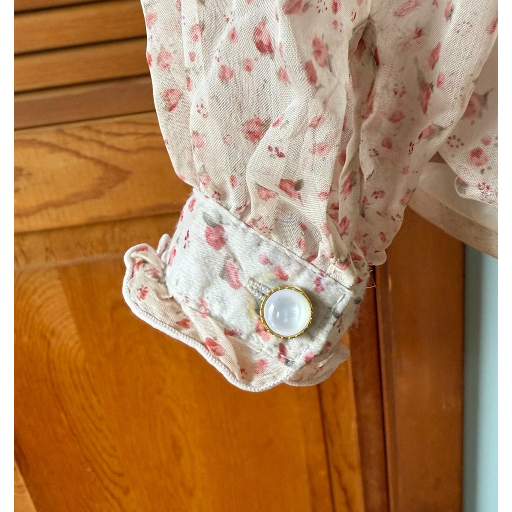 Whimsigoth Victorian J-fashion Lolita Jirai Ivory Pink Rose Wide Collar Shirt M