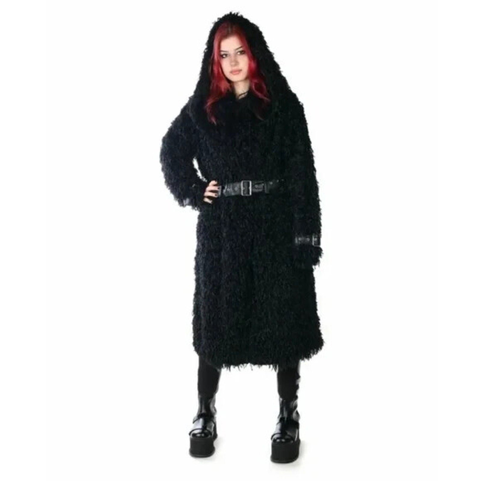 Killstar Goth Punk Black Faux Fur & Buckles Oversized Hooded Coat Jacket S-M