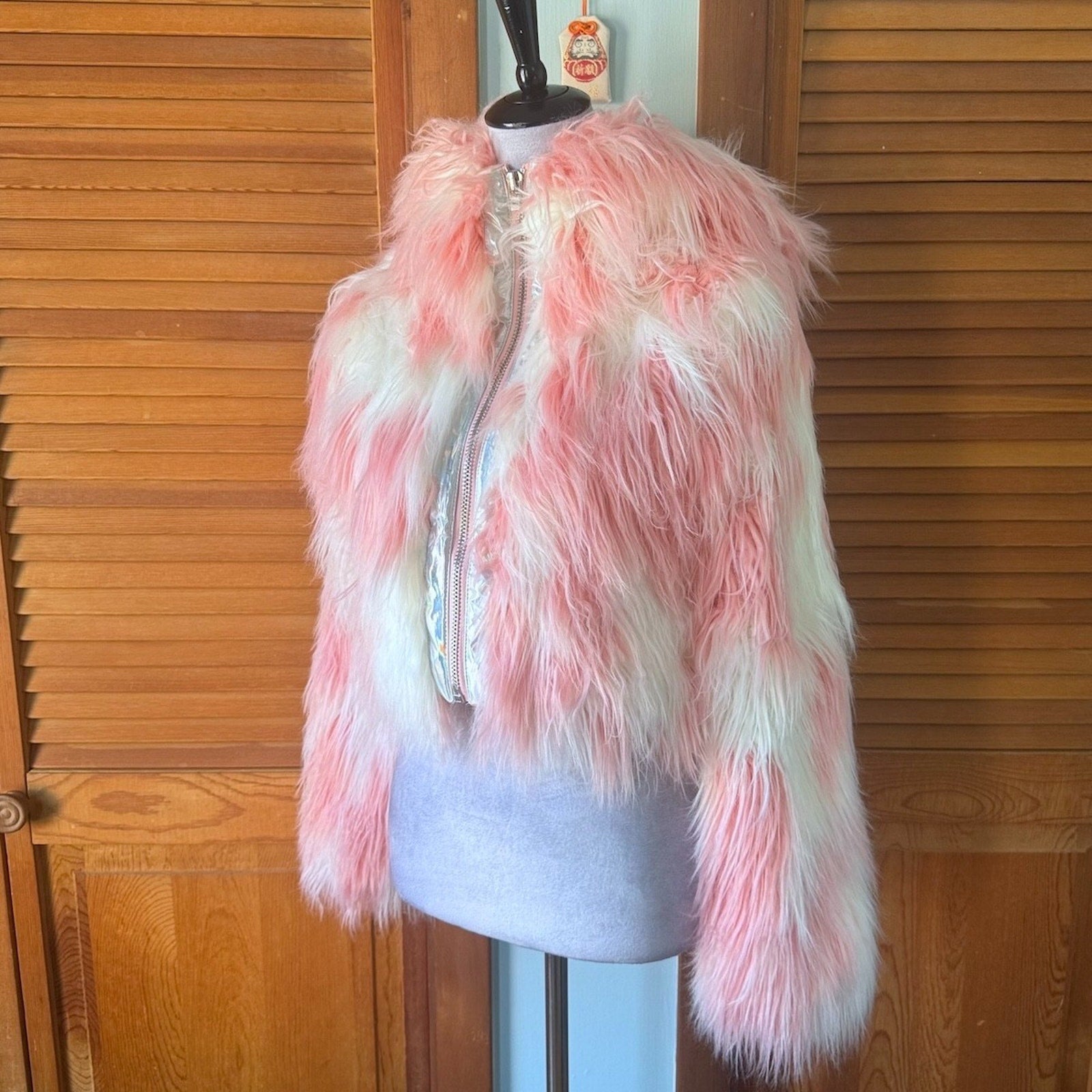 Vintage Lip Service 24 Hours Cyber Goth Punk Y2K Pink White Faux Fur Jacket XS