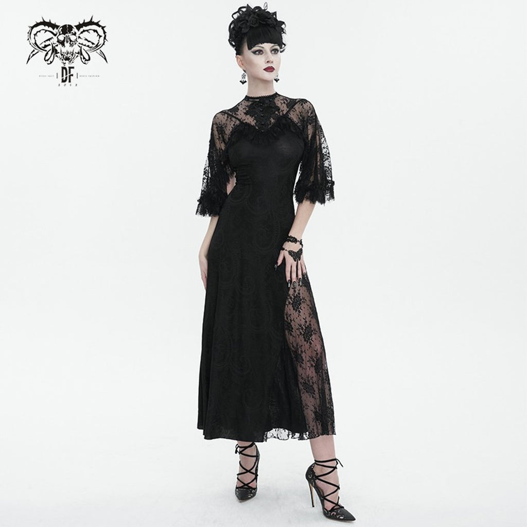 Devil Fashion Gothic Victorian 1930s 'Birds of a Feather' Lace Maxi Gown Dress