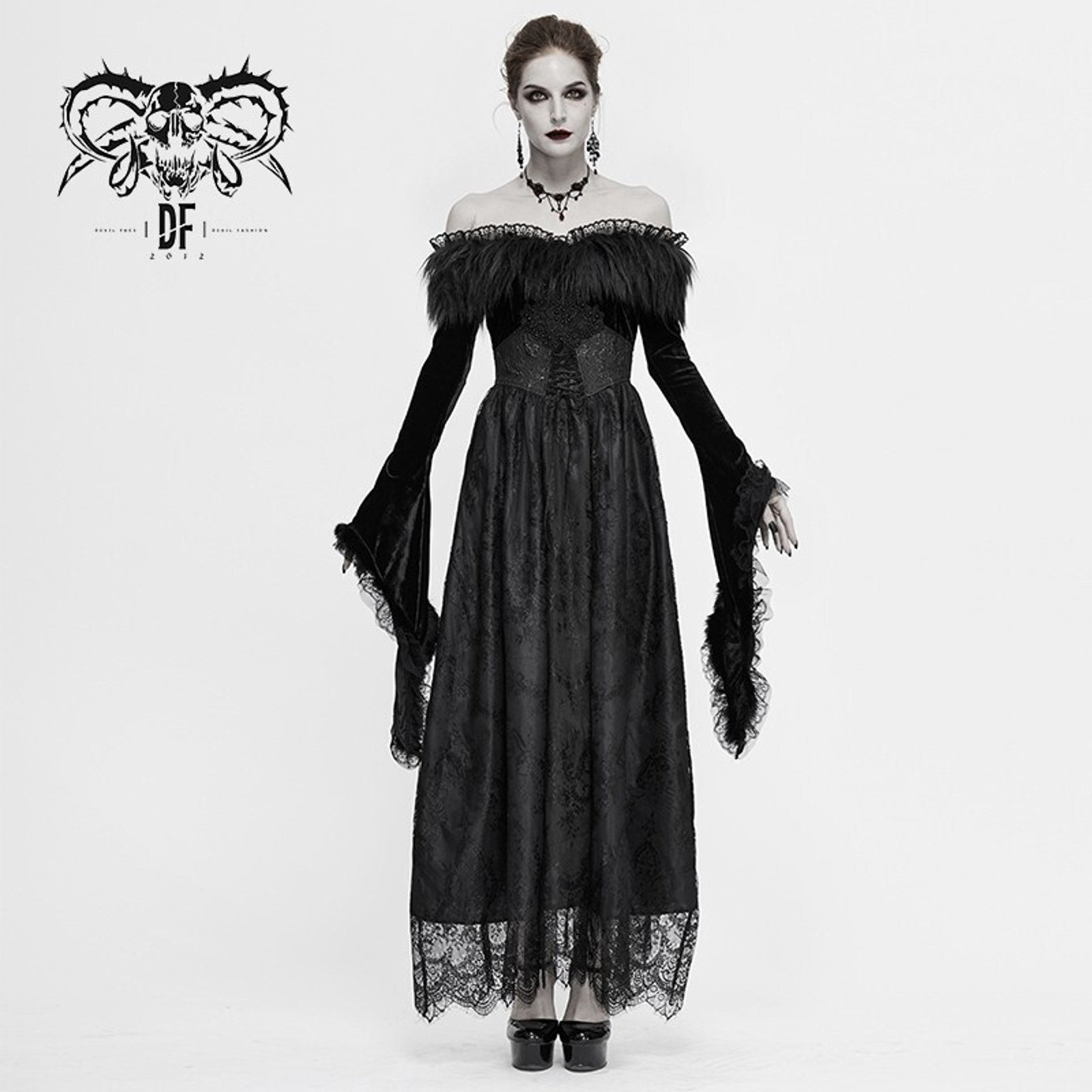 Devil Fashion Gothic Victorian The Beast Inside Black Velvet Lace & Fur Dress