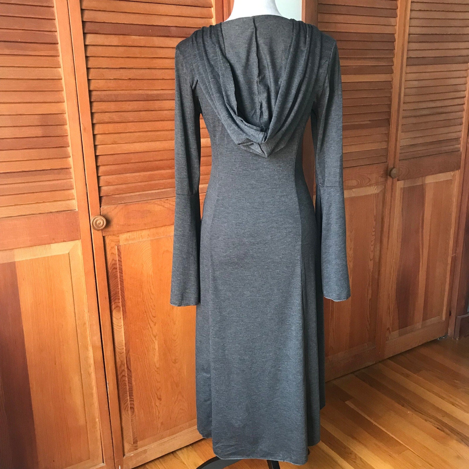 Goth Punk Emo Witchy Y2K Hooded Gray Buckle High-Low Duster Jacket Top Dress S