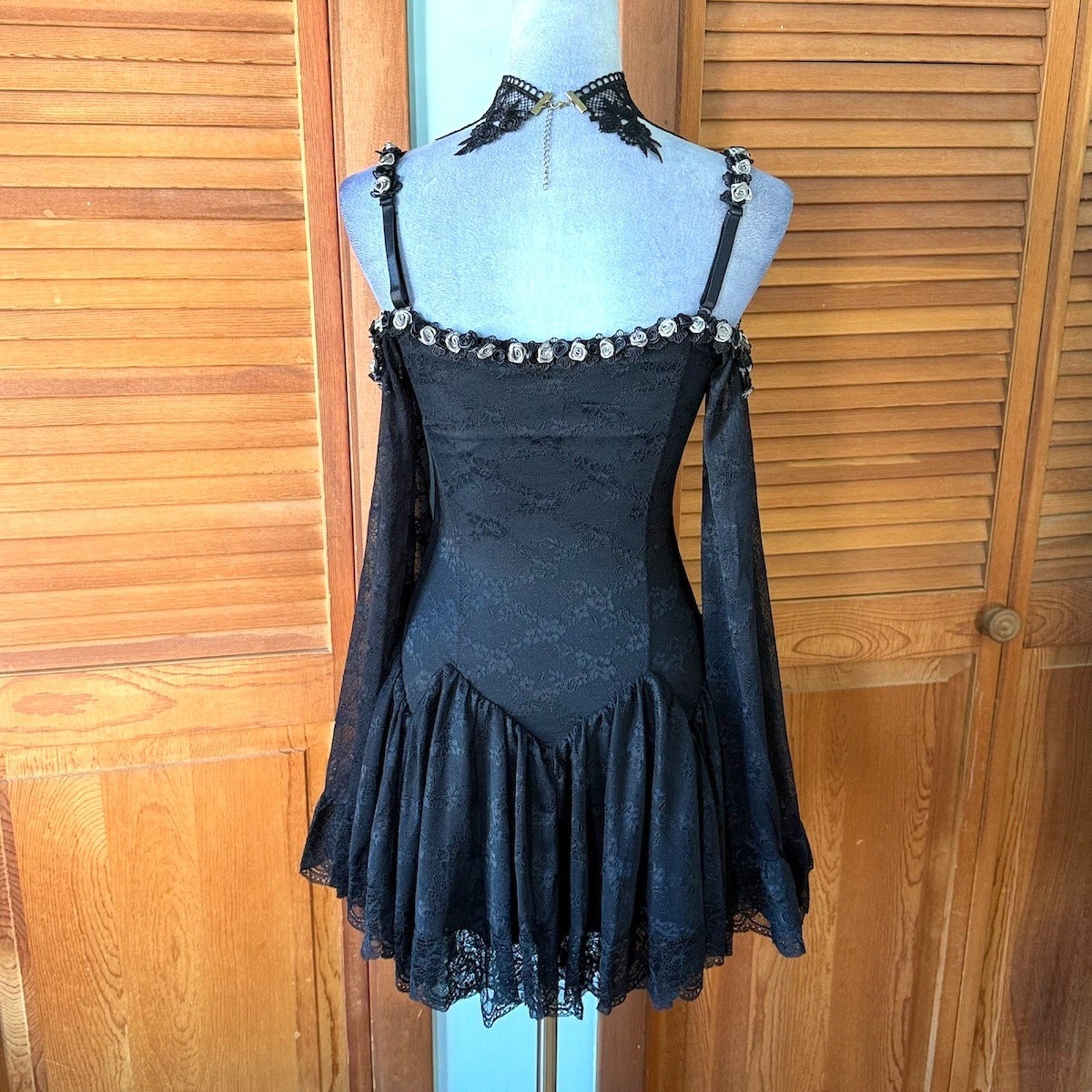 Dolls Kill Black & Gray Rose Trim Dark Fairycore Black Lace Mini Dress