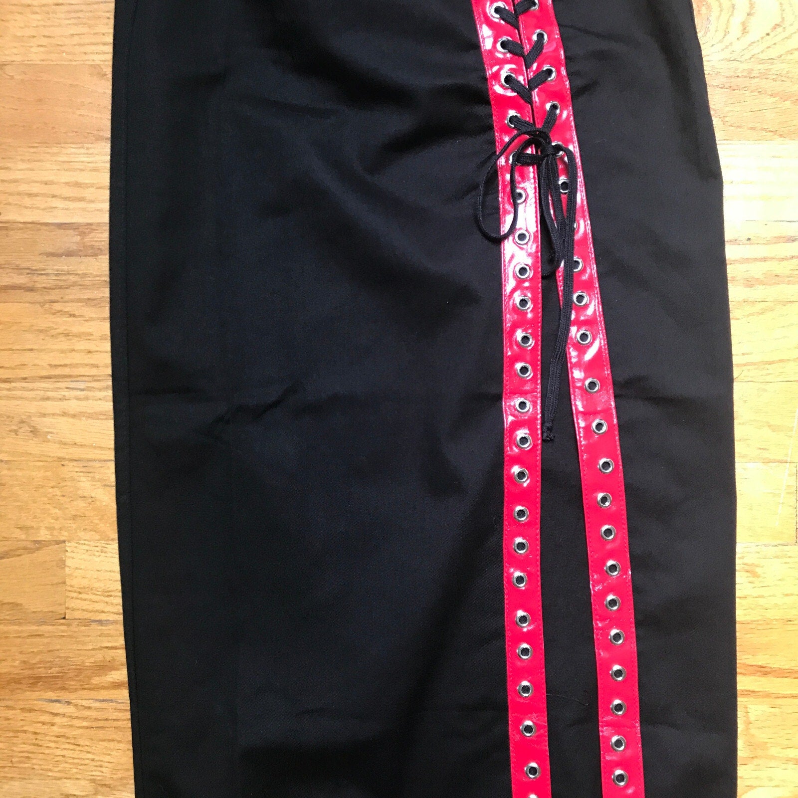 Phaze UK Punk Goth Black Cotton Red Vinyl Lacing Long Skirt