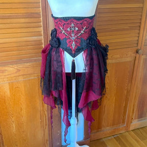 Devil Fashion Gothic Victorian Vampire Red Black Rose Cross Cincher Overskirt