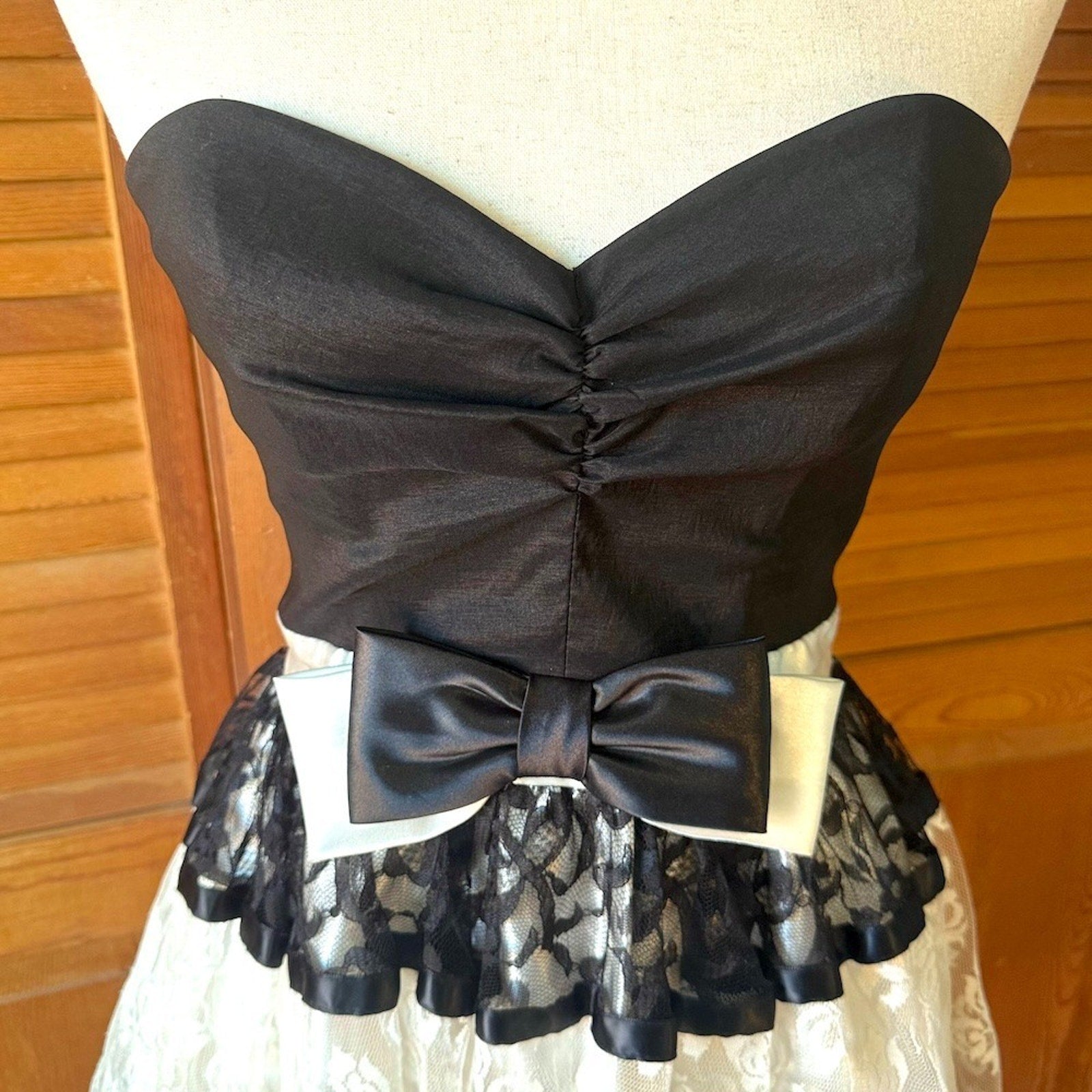 Vintage Jessica McClintock Gunne Sax Retro Ivory Black Bow Strapless Dress 11=M