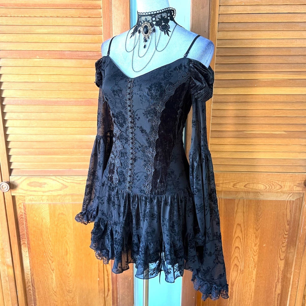 Dark In Love Gothic Victorian Dark Fairycore Black Rose Fairy Lace Mini Dress S