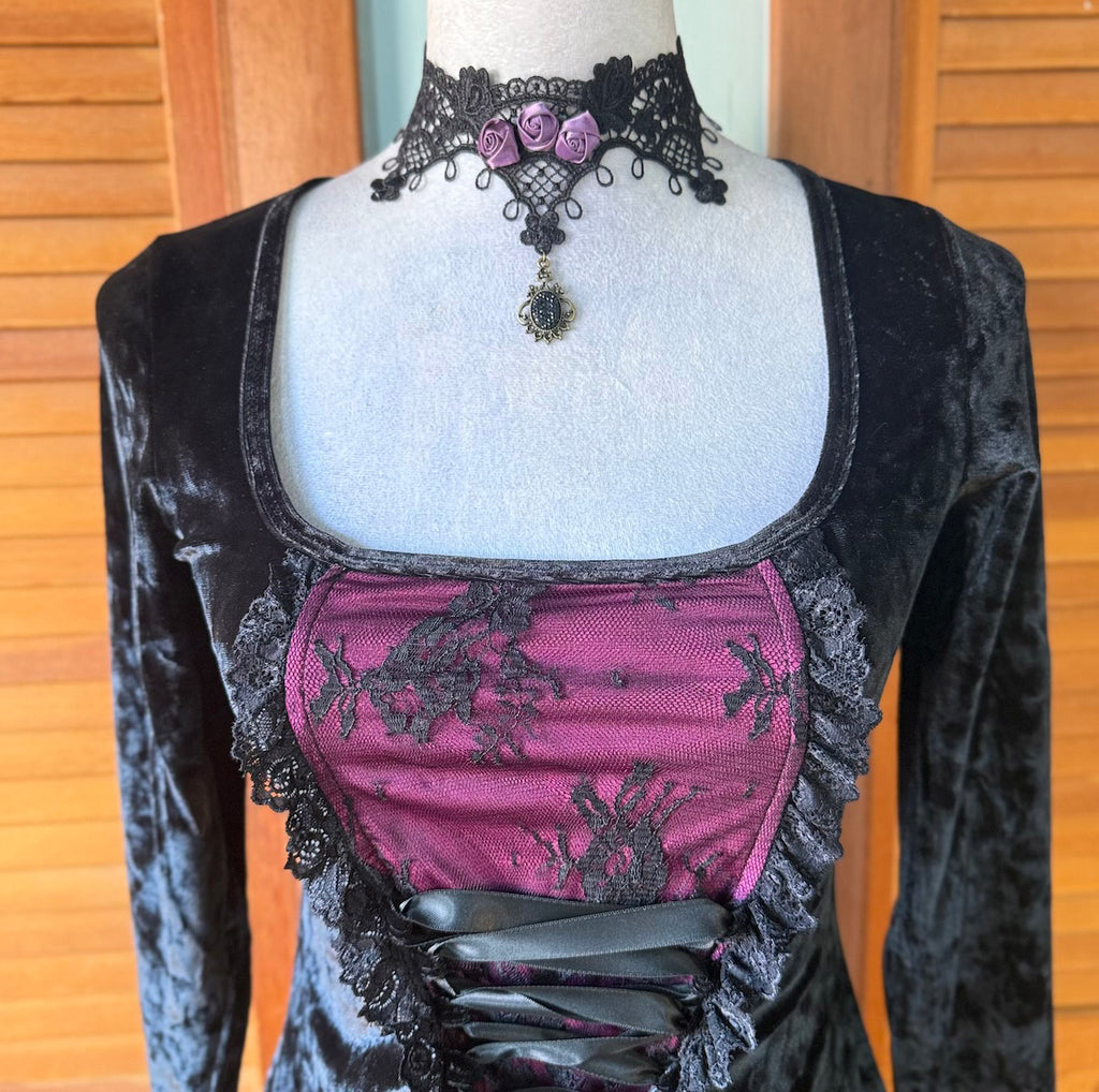 Gothic Victorian Dolls Kill Maroon Moon Black Velvet Mini Dress