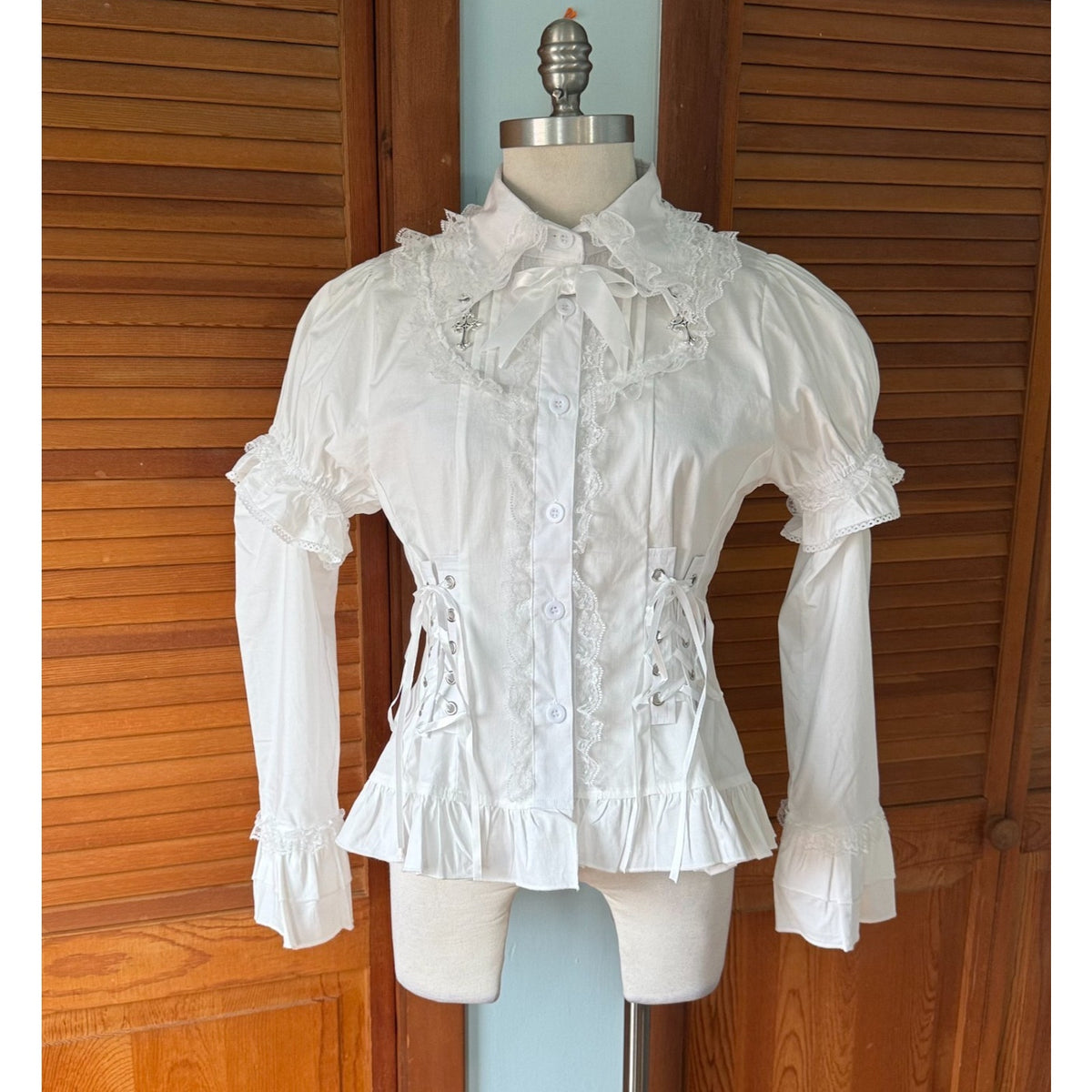 ACDC Rag Gothic Lolita EGL Aristocrat White Lace-Up Cross Transformer Shirt OS