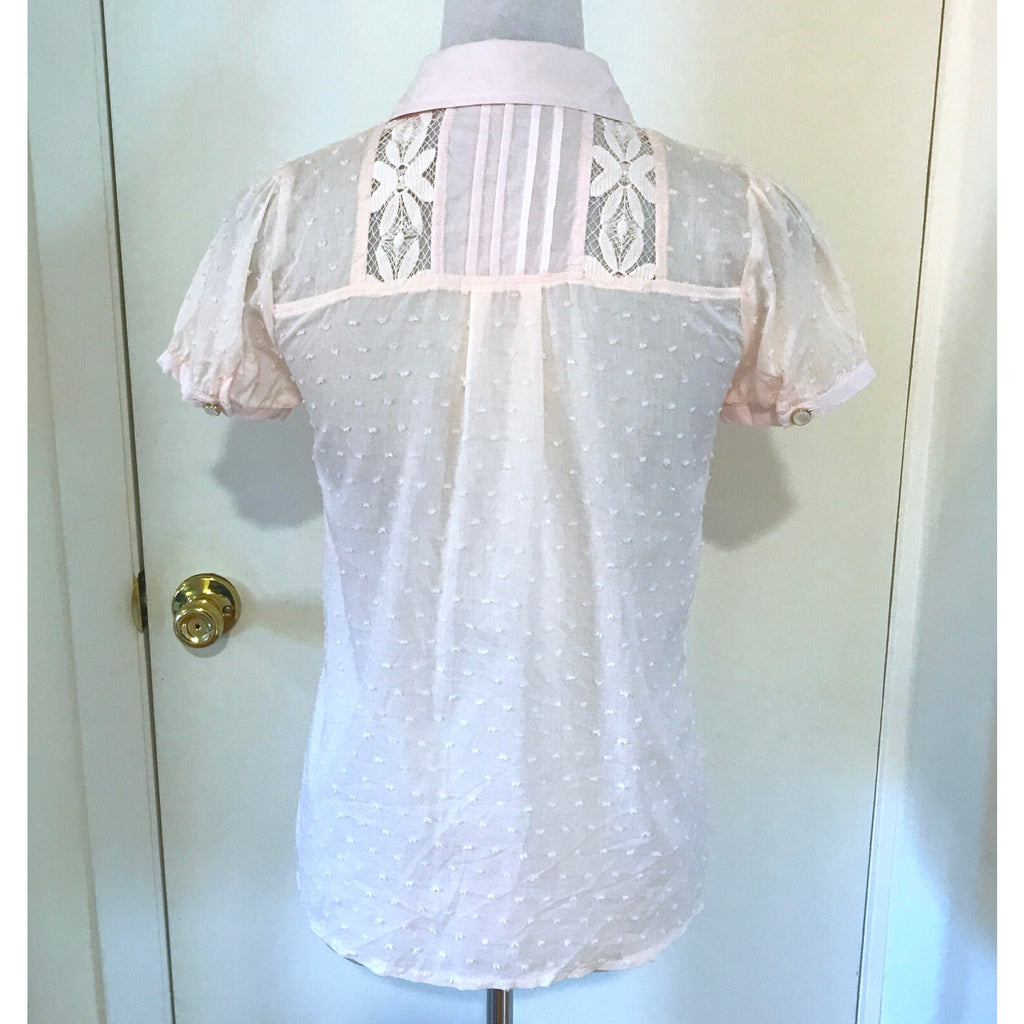 Whimsigoth Victorian Lolita Steampunk Pink Cotton Floral Lace Shirt S