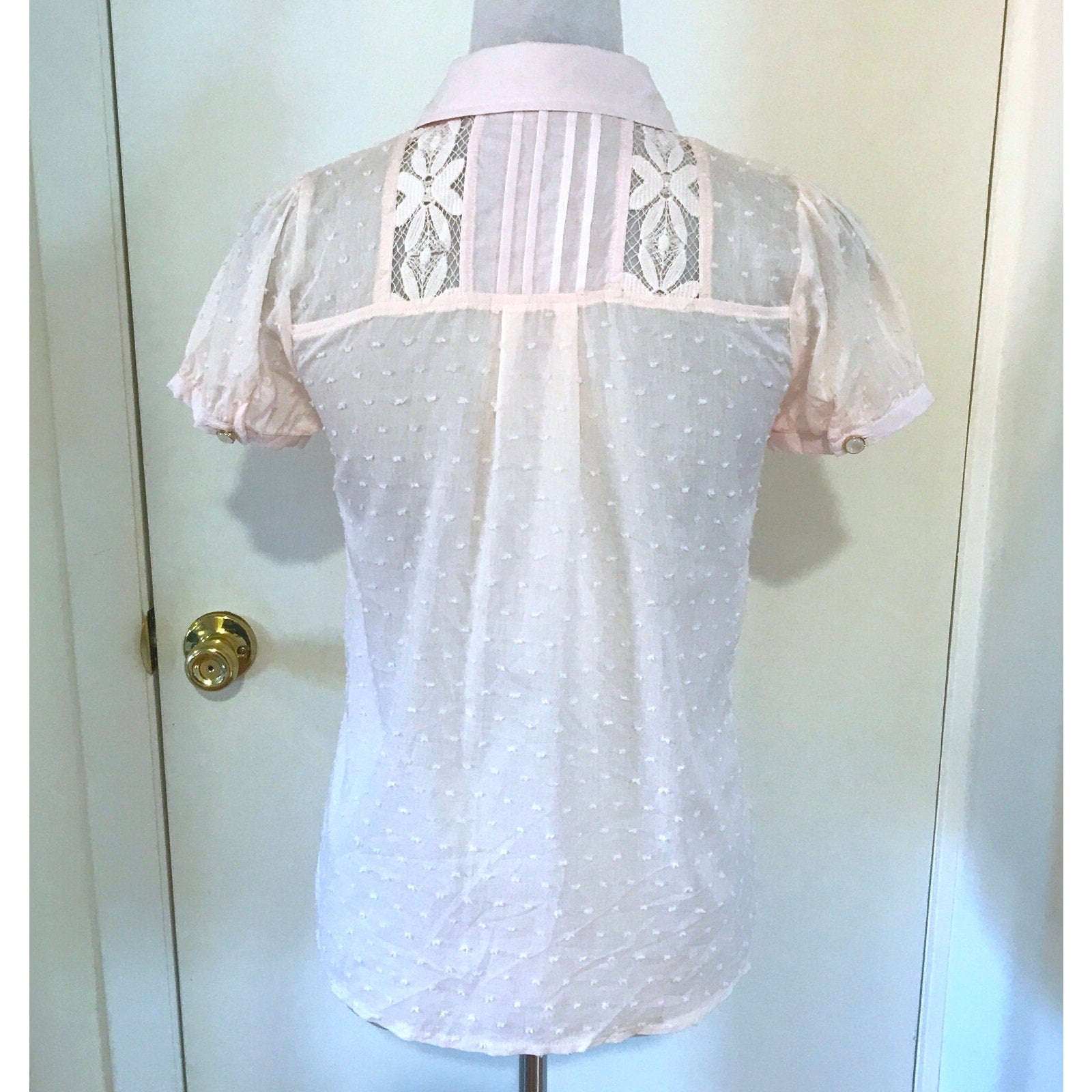 Whimsigoth Victorian Lolita Steampunk Pink Cotton Floral Lace Shirt S