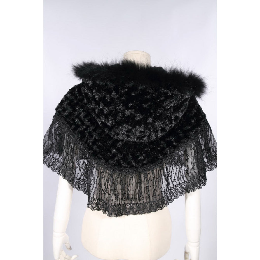 Gothic Lolita Steampunk Victorian Adorable Plush Fur & Lace Black Hooded Cape