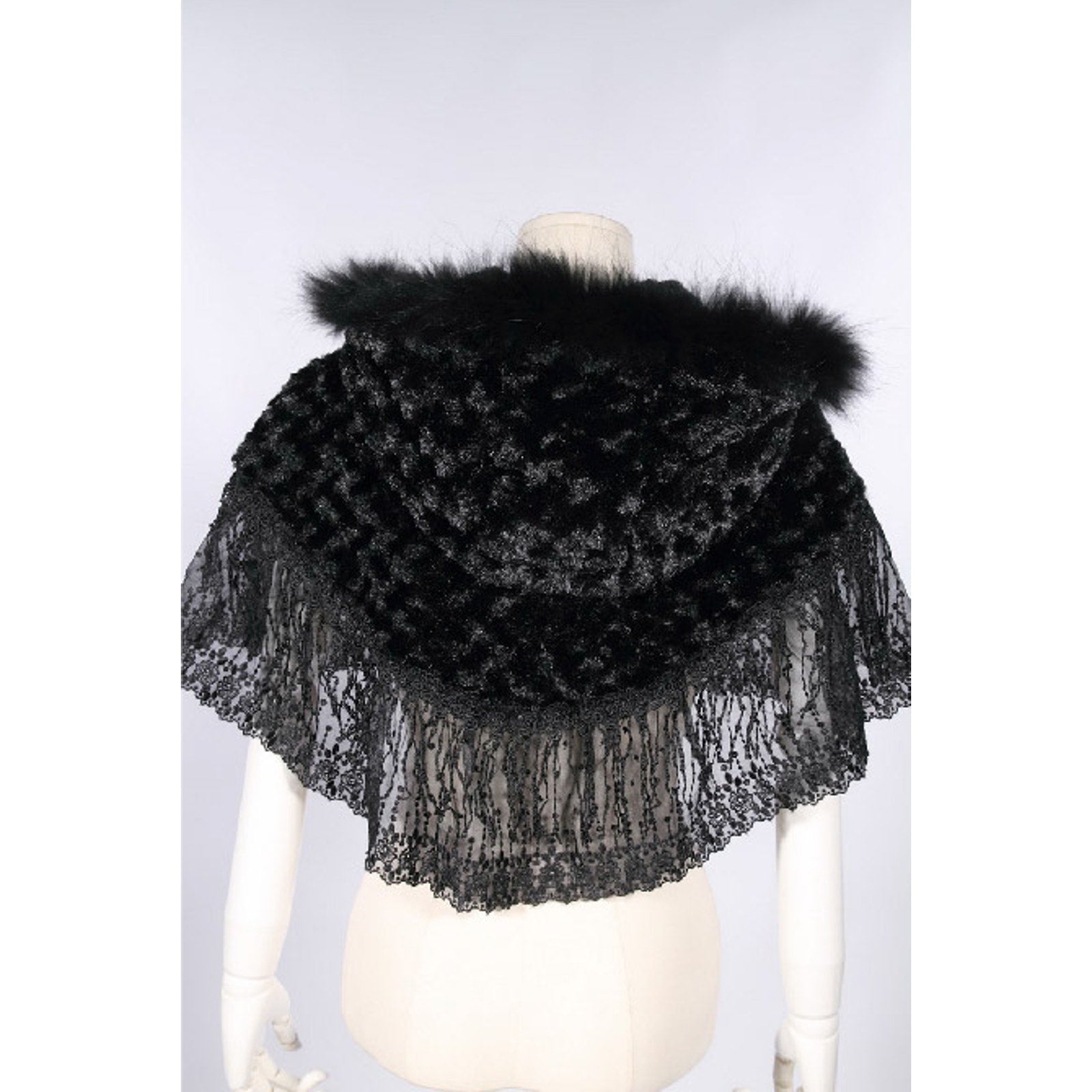 Gothic Lolita Steampunk Victorian Adorable Plush Fur & Lace Black Hooded Cape