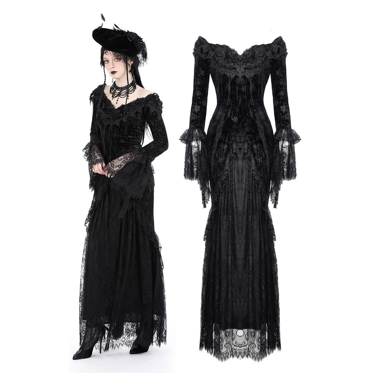 Dark in Love Gothic Victorian Vampire Rose Luxe Black Velvet & Lace Gown