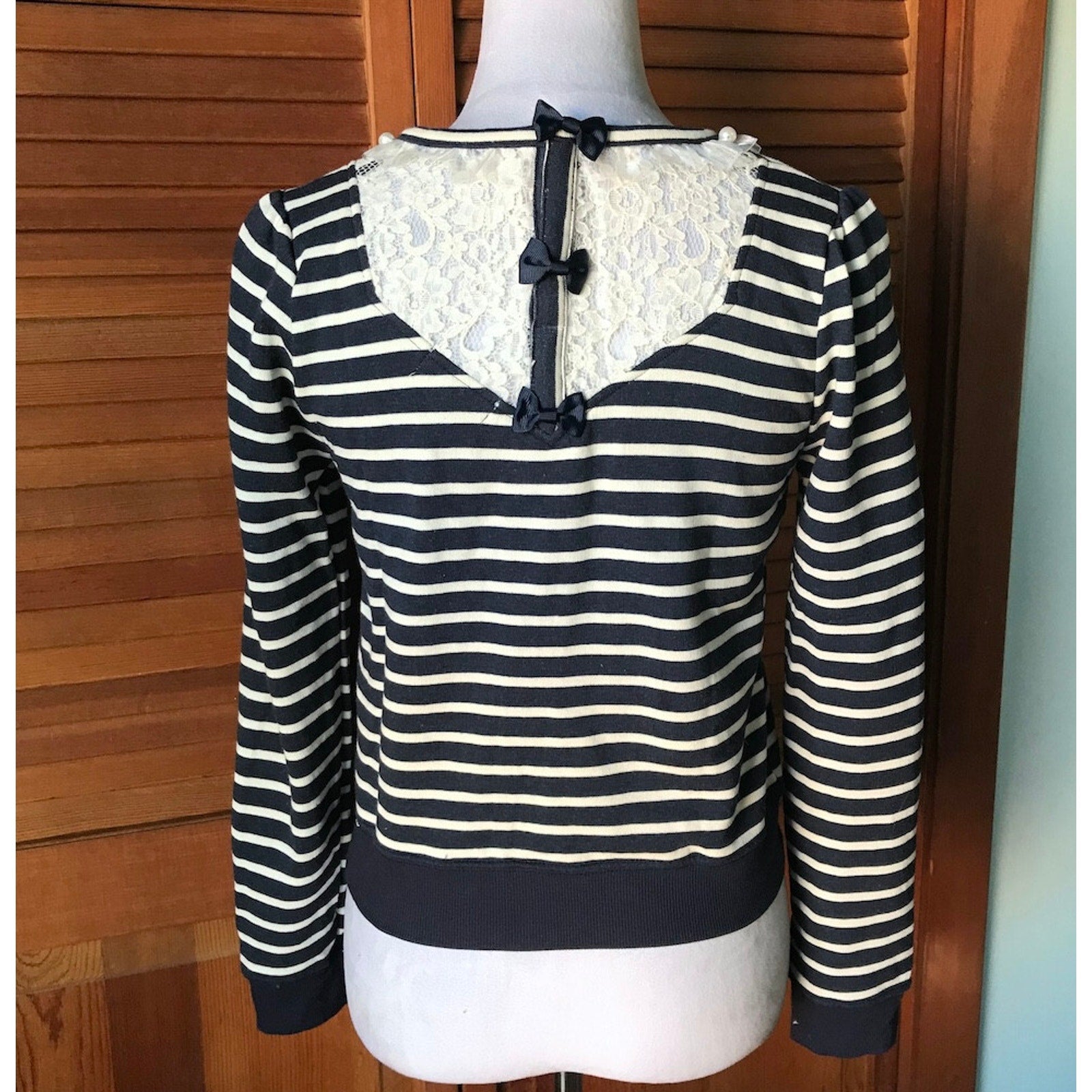 Liz Lisa J-fashion Kawaii Blue White Stripe Lace & Bows Sailor Top S-M