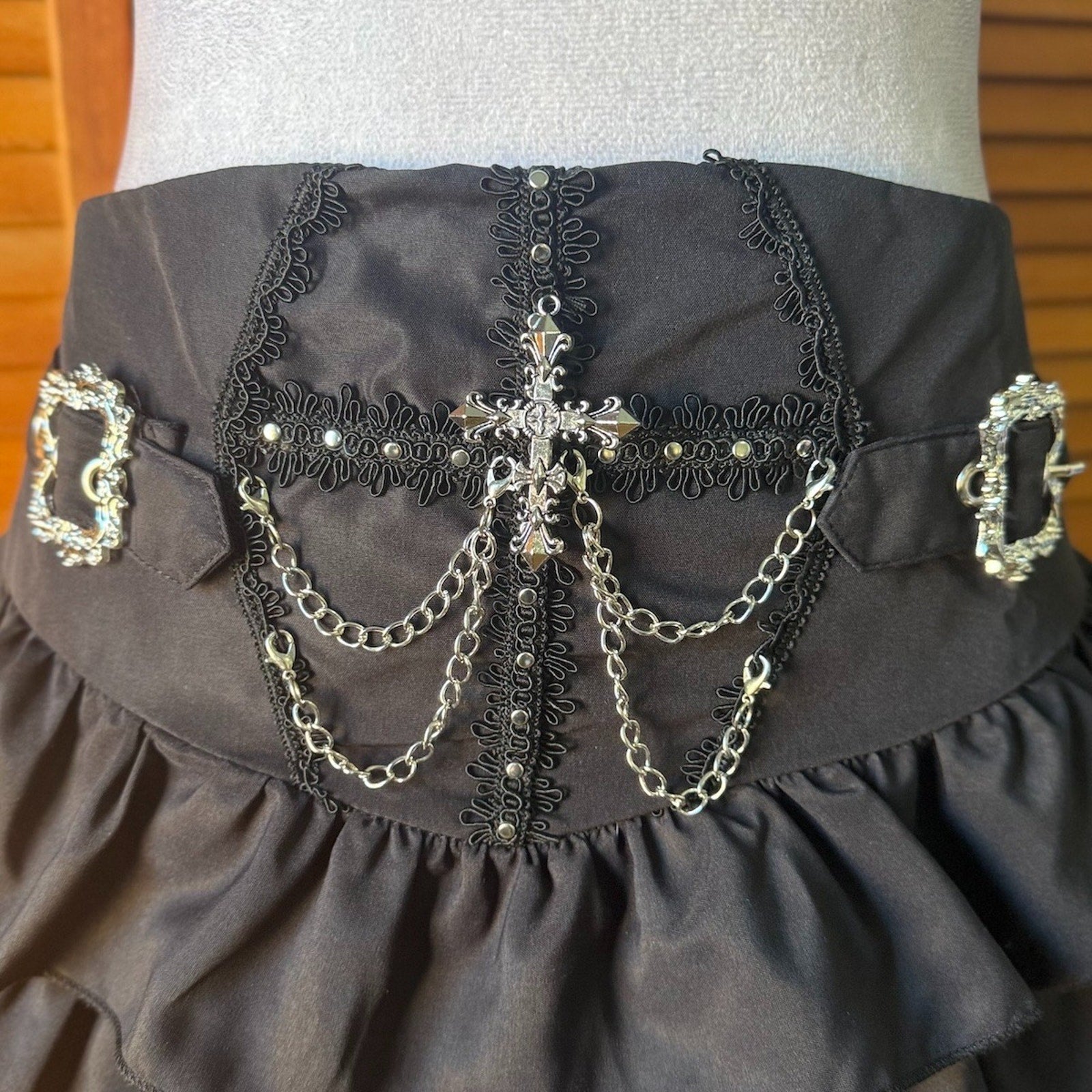 Punk Goth Emo Lolita Chain Cross & Buckle Black Ruffle Mini Skirt