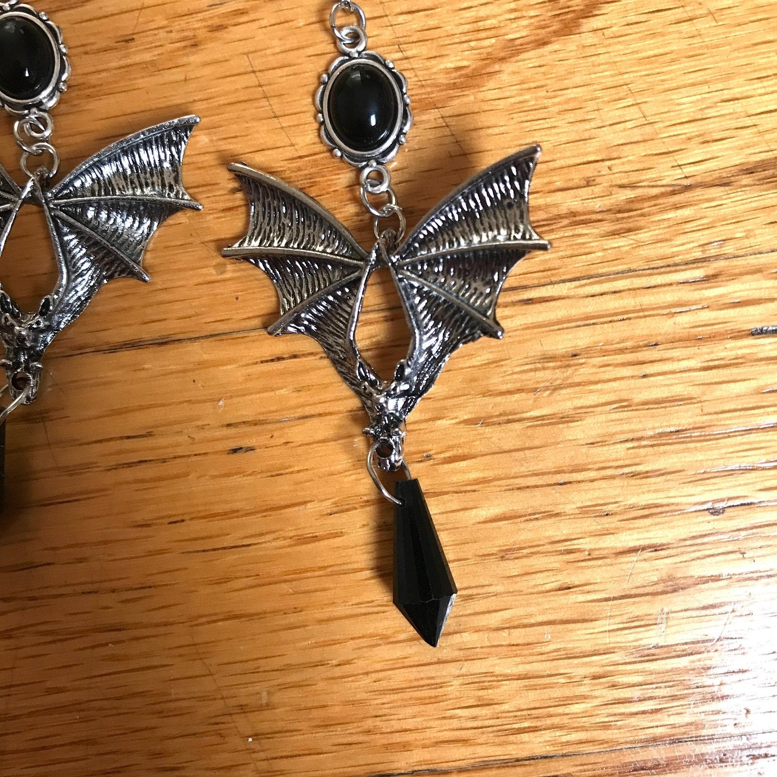 Gothic Victorian Vampire Witchcore Black & Silver Large Batwing Earrings