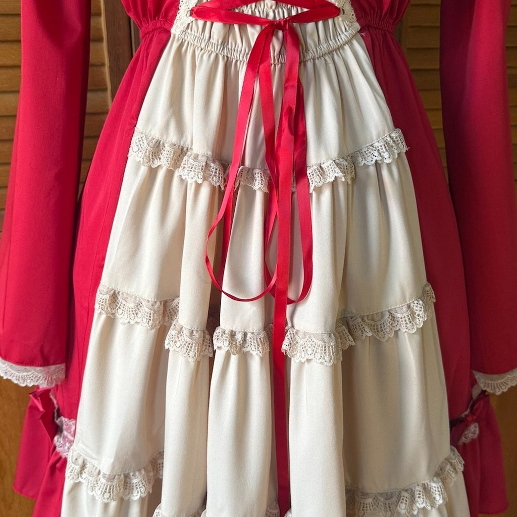 Bodyline ELG Lolita Kawaii Dollcore Red Beige Transformer Lace-Up Dress M