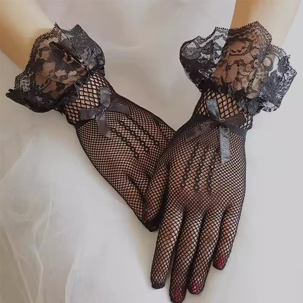 Gothic Victorian Lolita EGL Lolita Vampire Black Fishnet Lace & Bow Gloves
