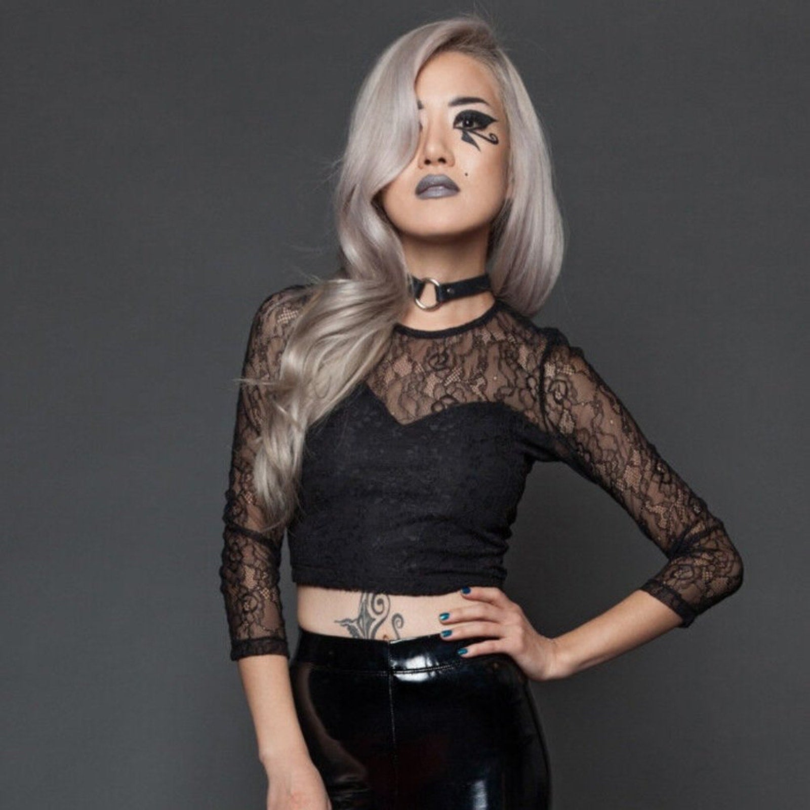 Lip Service Gothic Steampunk Victorian Black Celebration Stretch Lace 3/4 Top