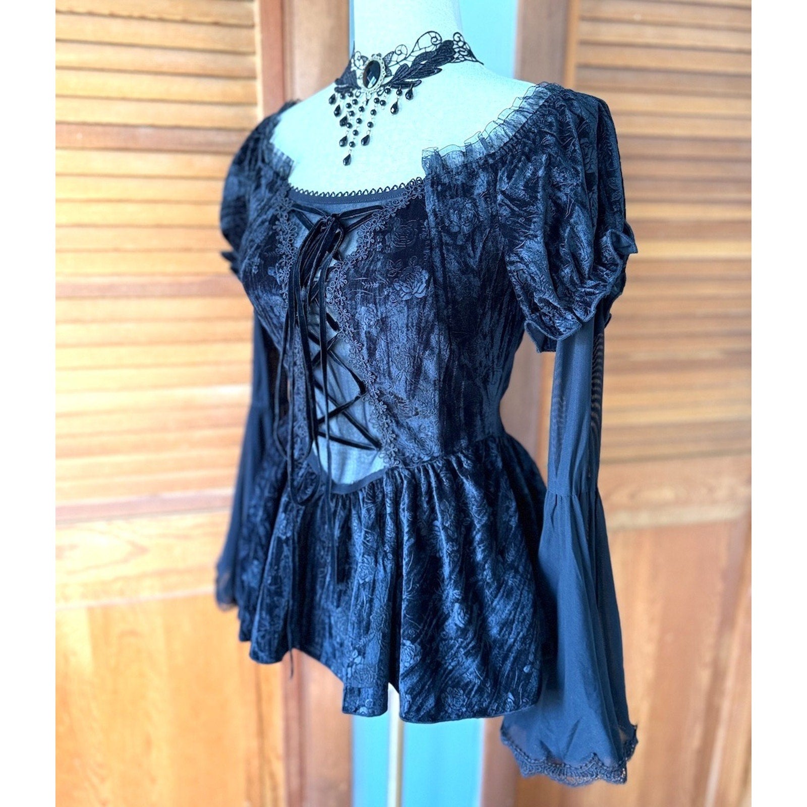 Devil Fashion Gothic Victorian Vampire Black Velvet Rose Princess Peplum Top XS
