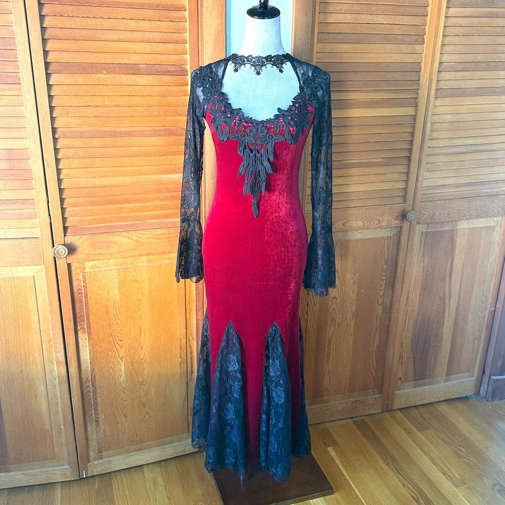 Gothic Victorian Vampire Blood Flowers Red Velvet & Black Lace Gown Dress