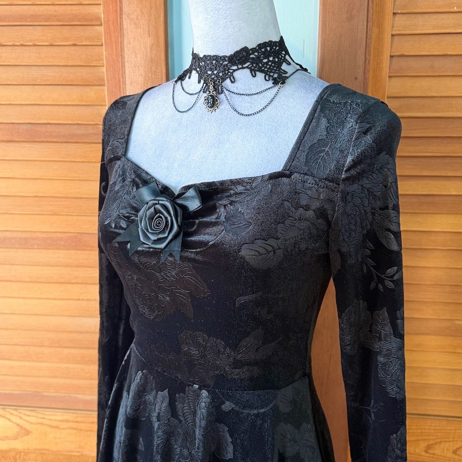 Garden Goth Victorian Dark Fairycore Midnight Blossom Black Velvet Dress