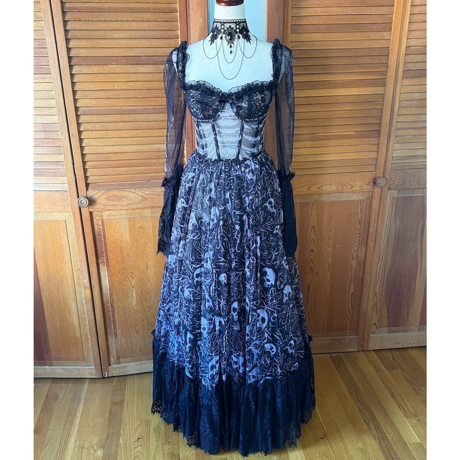 Dolls Kill Gothic Victorian Halloween Dance With Death Skulls Bones Dress Gown