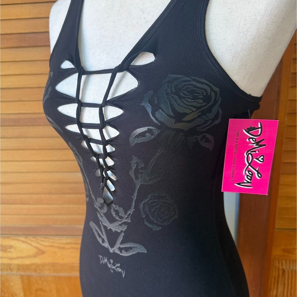 Demi Loon Punk Goth Emo Grunge "Black Rose" Slashed Cutout Festival Tank