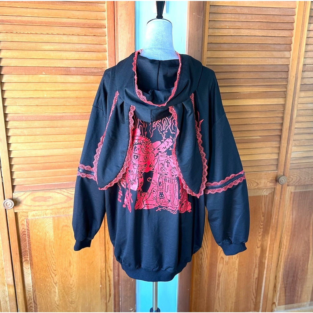 ACDC Rag Lolita EGL Goth Punk Emo Mad Death Rabbit Black & Red Hoodie Bunny Ears