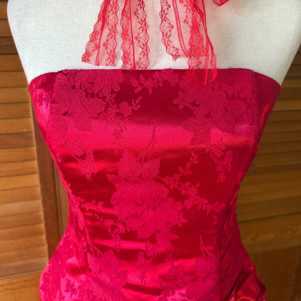 Vintage Burlesque Jessica McClintock Red Brocade Bow Party Cocktail Dress 7 S-M