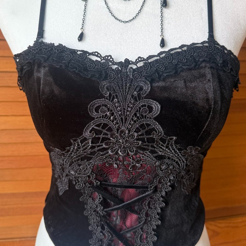 Dark in Love Gothic Victorian Blood Offering Black Red Velvet & Lace Cami Top